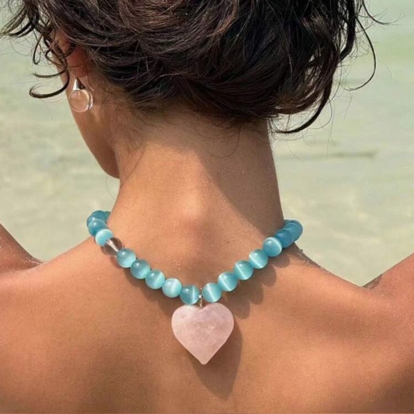 Heart-Shaped Rose Quartz Pendant with Blue Cat Eye Beaded Choker - Picture 2 of 2